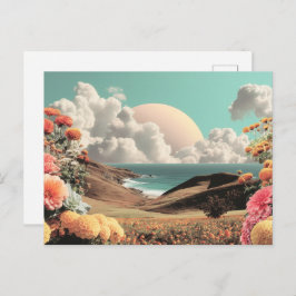 Cartão Postal Surreal Coastal Landscape With Flowers And Clouds
