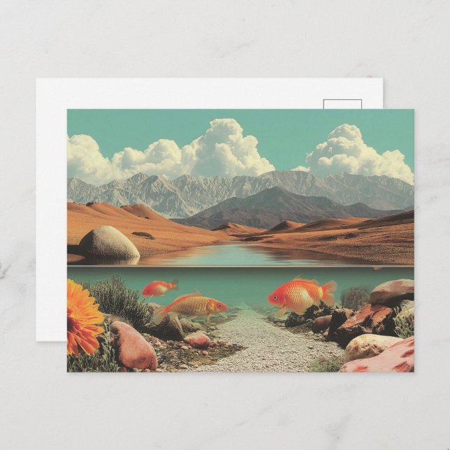 Cartão Postal Surreal Desert and Lake with Goldfish (Frente/Verso)