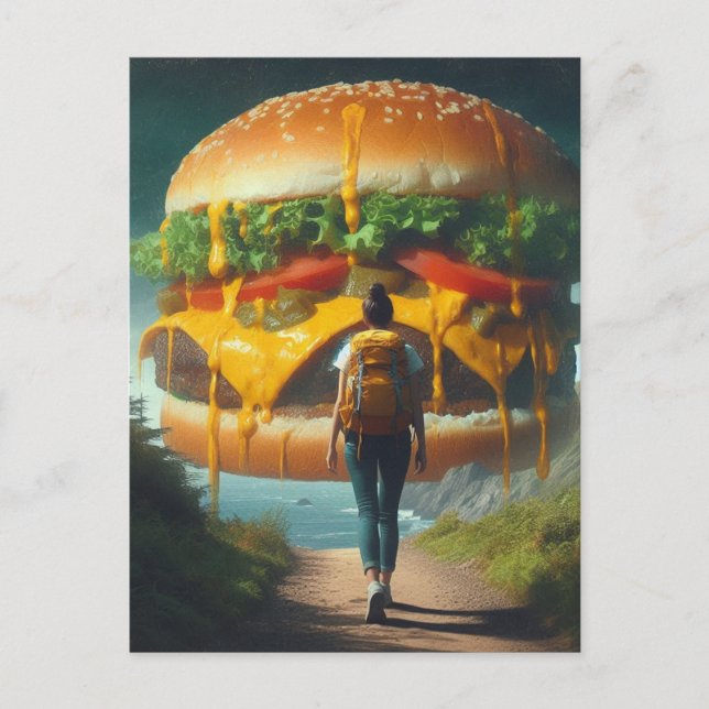 Cartão Postal Surreal Hiker Dreaming do Giant Cheeseburger (Frente)