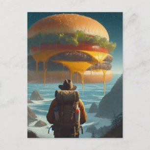 Cartão Postal Surreal Hiker Giant Cheeseburger em Praia