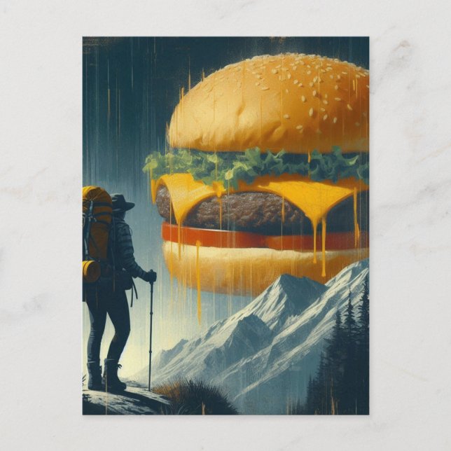 Cartão Postal Surreal Hiker Giant Cheeseburger sobre Montanhas (Frente)