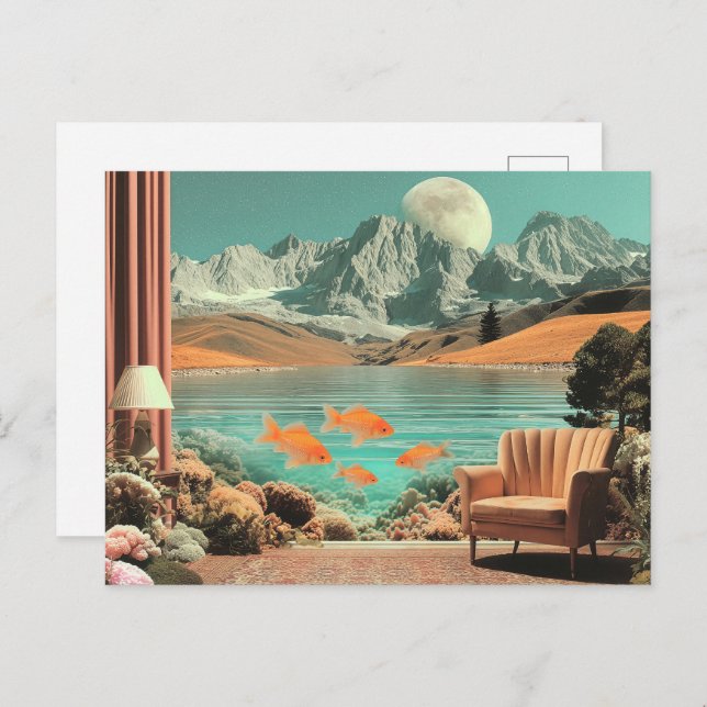 Cartão Postal Surreal Interior with Fish and Moonlit Landscape (Frente/Verso)