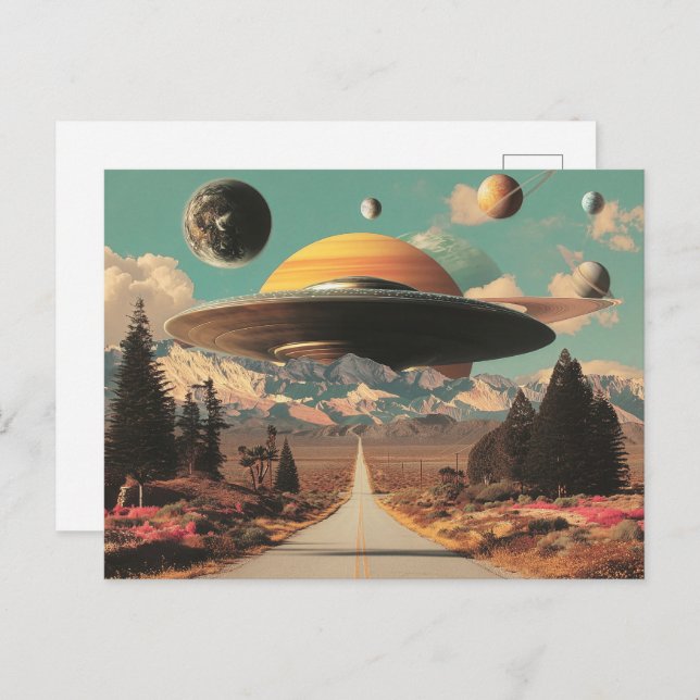 Cartão Postal Surreal Landscape with Road, UFO and Saturn  (Frente/Verso)