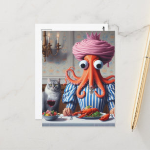 Cartão Postal Surreal Marisco Farinha Octopus Mulher rosa