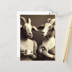 Cartão Postal Surreal Morning Coffee e Bagel Goat Women