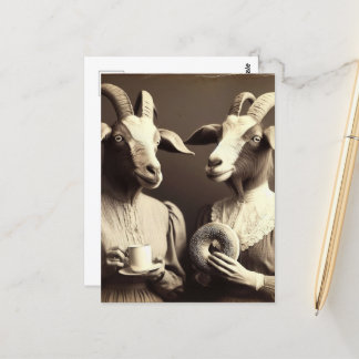 Cartão Postal Surreal Morning Coffee e Bagel Goat Women
