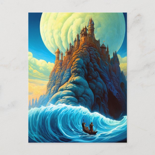 Cartão Postal Surreal Mountain Castle Ocean Fantasy Art (Frente)