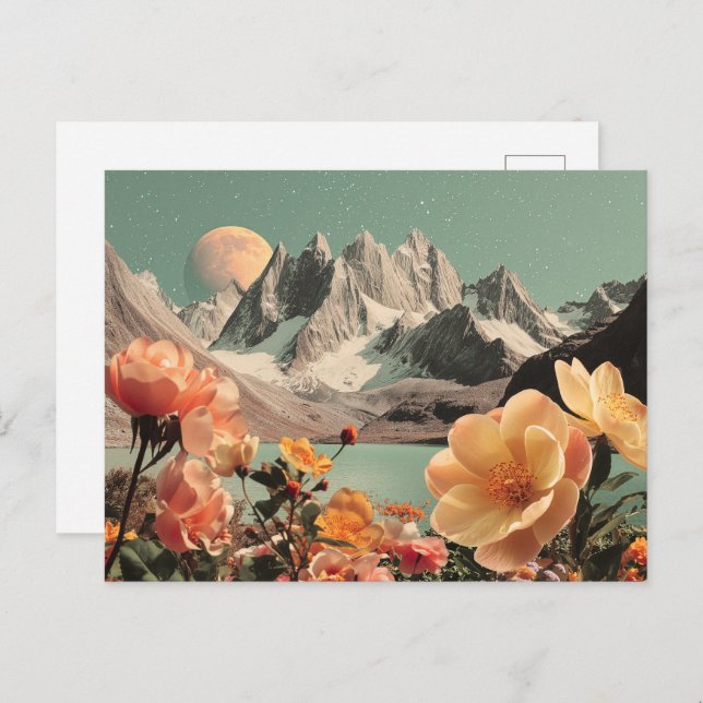 Cartão Postal Surreal Mountain Landscape With Blooming Flowers (Frente/Verso)