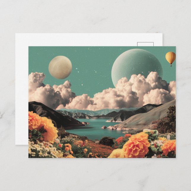 Cartão Postal Surreal Mountain Landscape with Planets and Clouds (Frente/Verso)