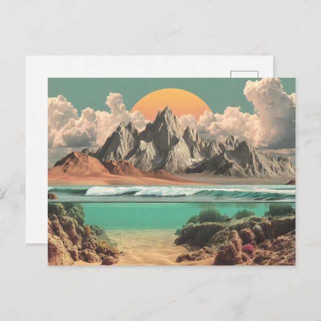 Cartão Postal Surreal Ocean and Mountain Landscape with Waves (Frente/Verso)