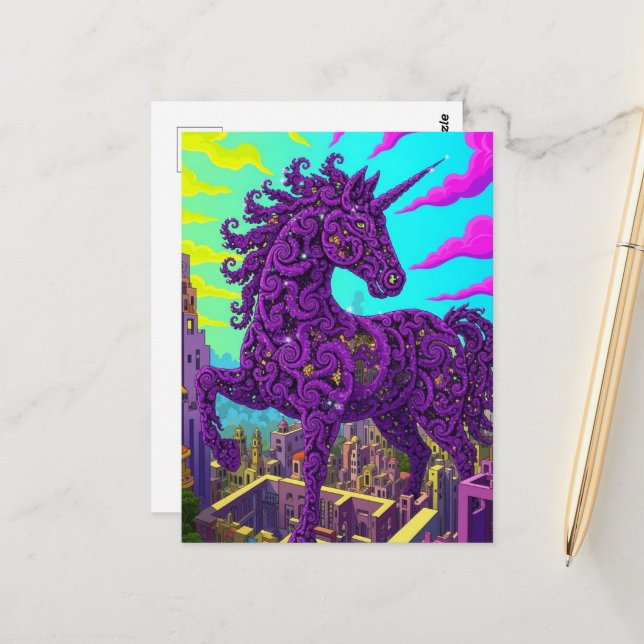 Cartão Postal Surreal purple unicorn  (Frente/Verso In Situ)
