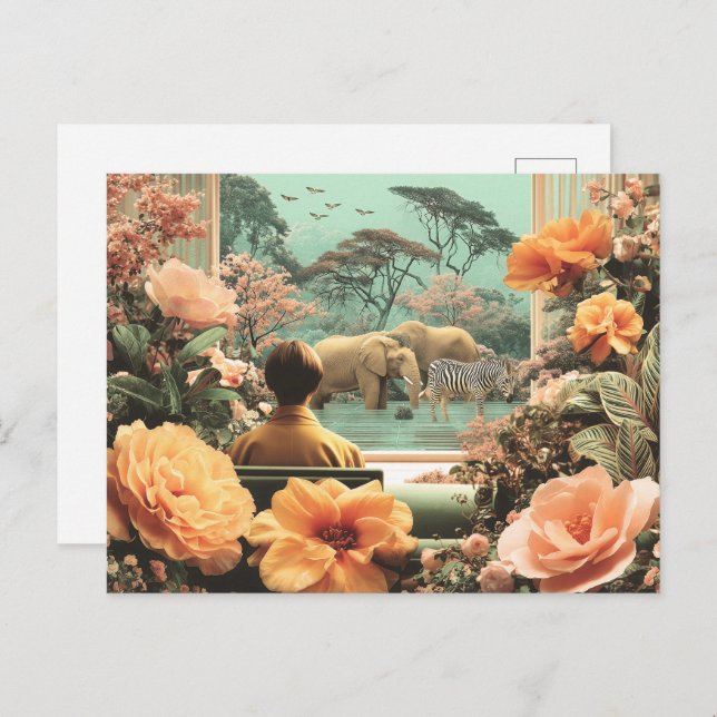 Cartão Postal Surreal Safari Scene With Elephants Zebras (Frente/Verso)
