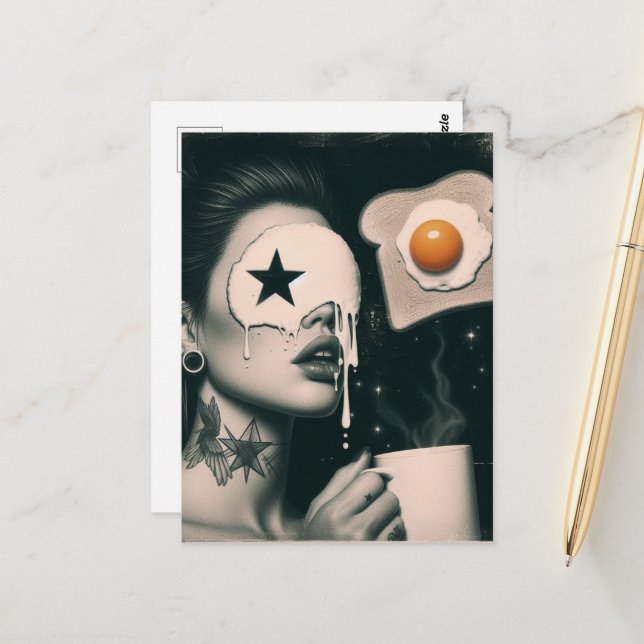 Cartão Postal Surreal Toast, Eggs, and Coffee woman  (Frente/Verso In Situ)