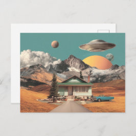 Cartão Postal Surreal UFO Over Rustic House