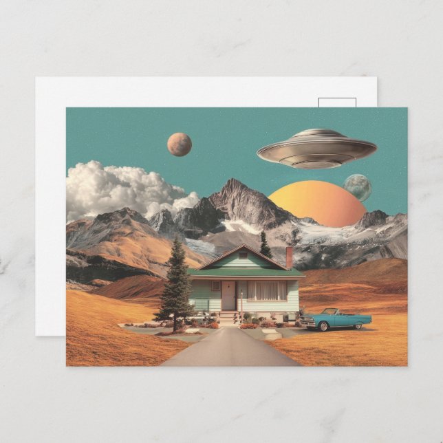 Cartão Postal Surreal UFO Over Rustic House (Frente/Verso)