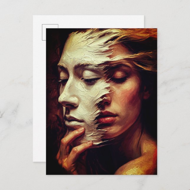 Cartão Postal Surreal Woman Portrait with Painted Mask (Frente/Verso)