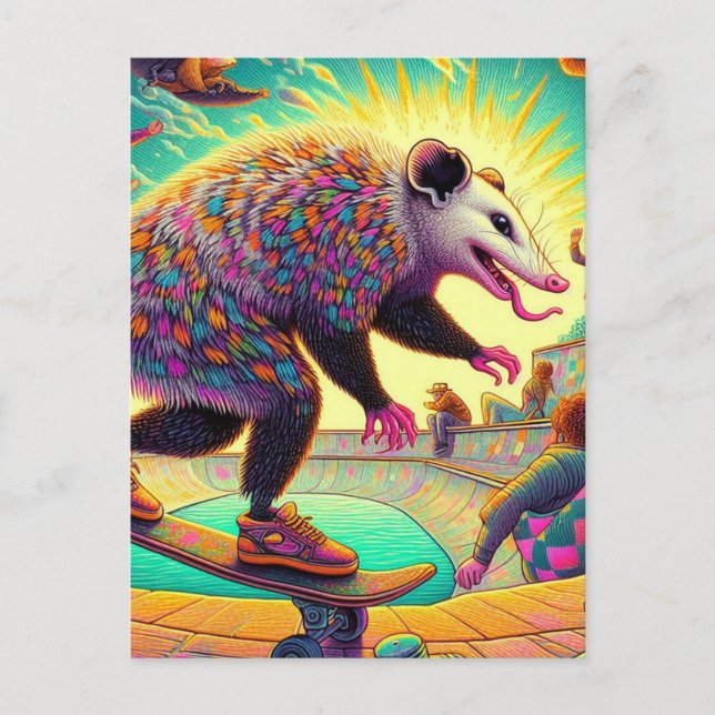 Cartão Postal Surrealista adorável de skate Possum  (Frente)