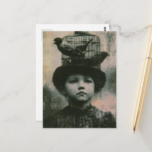 Cartão Postal Surrealista pássaro enjaulado e criança preto e br