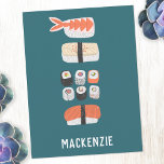 Cartão Postal Sushi japonês personalizado<br><div class="desc">Arte de comida japonesa para aqueles que adoram comer sushi,  sashimi,  nigiri e roletas maki. Arte original de Nic Squirrell. Altere o nome para personalizar.</div>