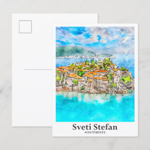 Cartão Postal Sveti Stefan Montenegro Viagem Watercolor
