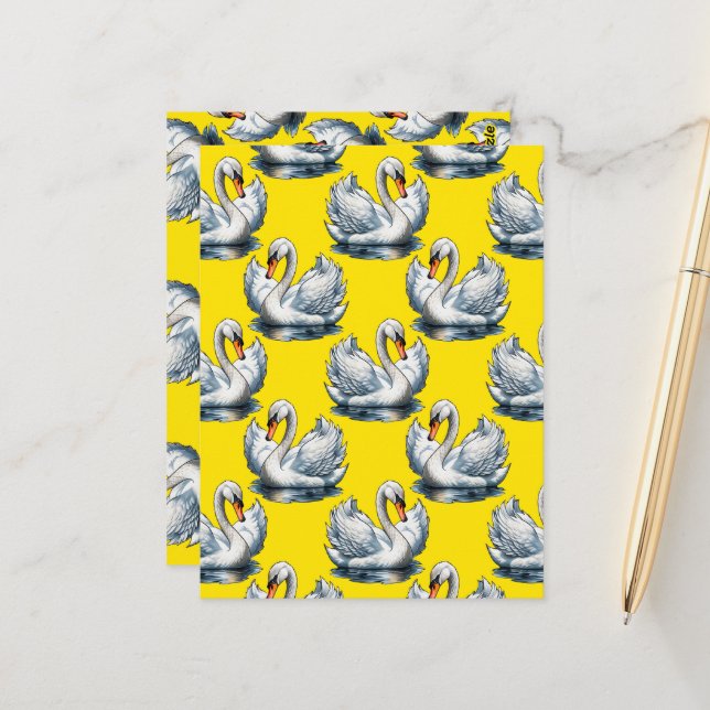 Cartão Postal Swan Birds Pattern Design On Yellow  (Frente/Verso In Situ)