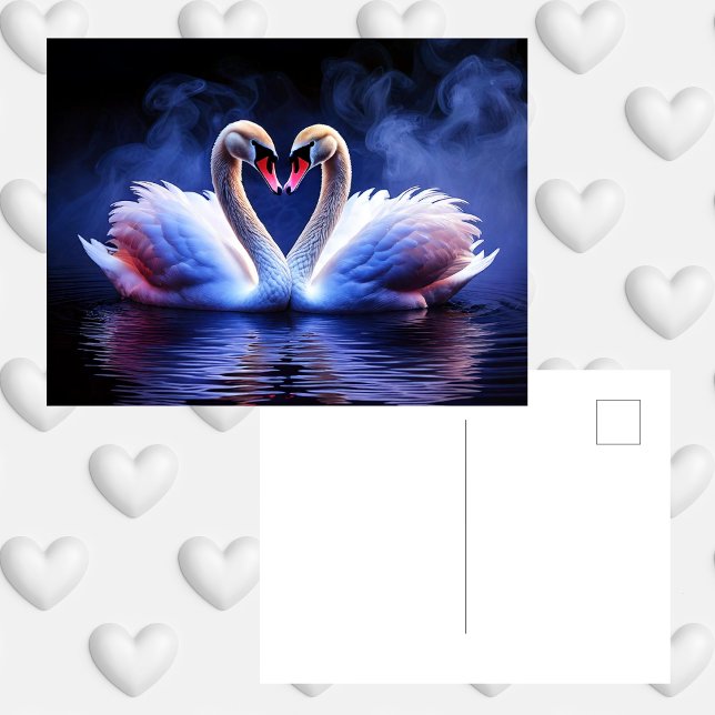 Cartão Postal Swan Love Heart Gothic Romance (swans, love, gothic, romance, heart, dark, purple, black, fog, water, bird, nature, Valentine's Day)