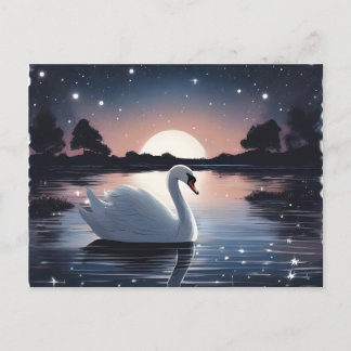 Cartão Postal Swan Nadando em um lago à noite