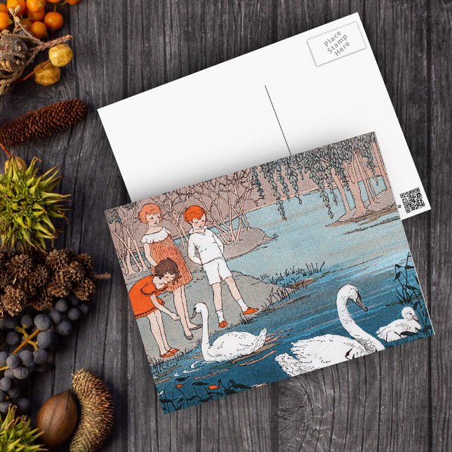 Cartão Postal Swans Children Vintage Lake Scense (Children at blue lake feeding pretty white swans on postcard.)