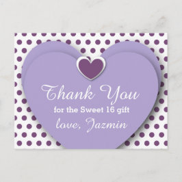 Cartão Postal SWEET 16 Obrigado Corações Bolinhas Roxas B05
