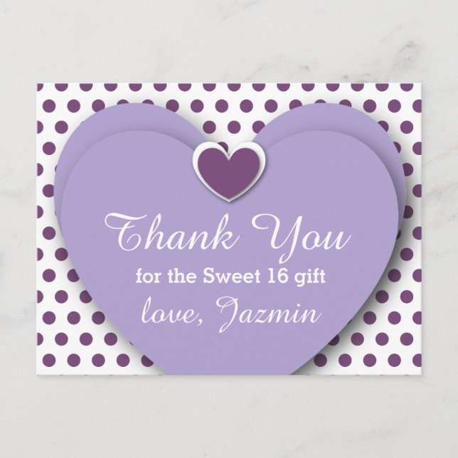Cartão Postal SWEET 16 Obrigado Corações Bolinhas Roxas B05 (Frente)