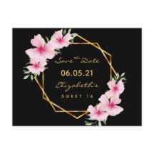 Sweet 16 Save the Date black gold florals (Salvar 