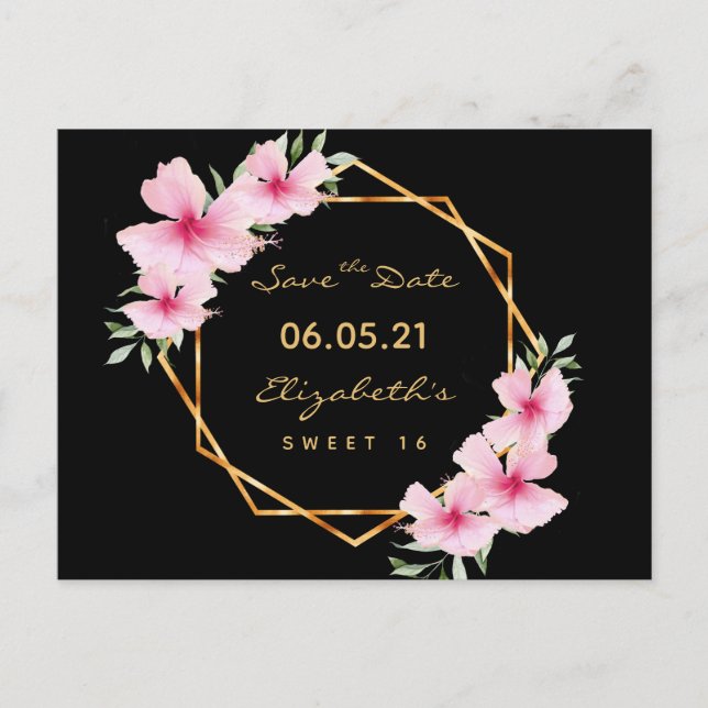 Cartão Postal Sweet 16 Save the Date black gold florals (Salvar  (Frente)