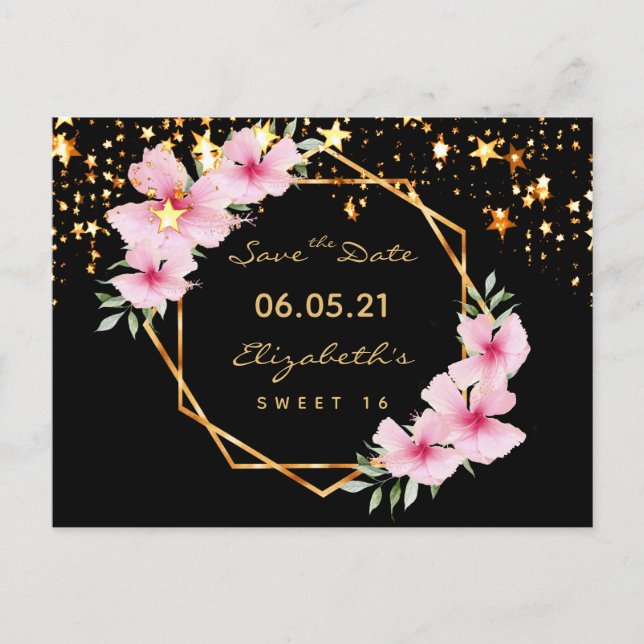 Cartão Postal Sweet 16 Save the Date black gold stars rosa (Frente)