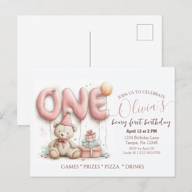Cartão Postal Sweet First Birthday Invitation with Teddy Bear  (Frente/Verso)