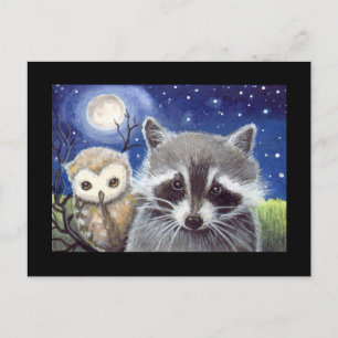 Cartão Postal Sweet Raccoon e Owl Art