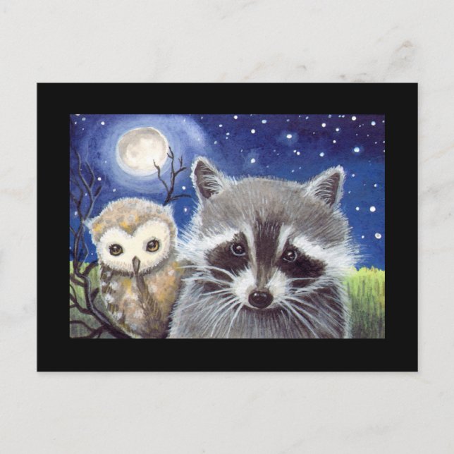 Cartão Postal Sweet Raccoon e Owl Art (Frente)