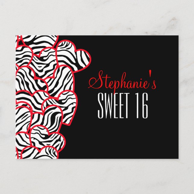 Cartão Postal Sweet red zebra hearts Sweet 16 Birthday Postcard (Frente)