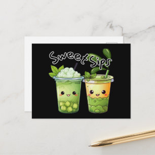 Cartão Postal Sweet Sips Kawaii Duo de Chá de Bolha