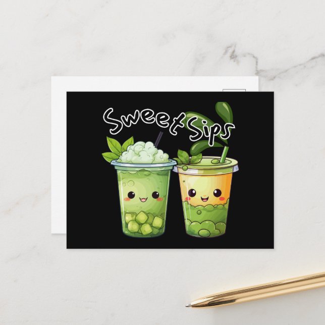 Cartão Postal Sweet Sips Kawaii Duo de Chá de Bolha (Frente/Verso In Situ)