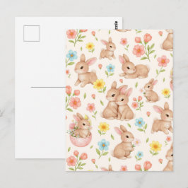 Cartão Postal Sweet Spring Bunnies & Floral Garden Pattern