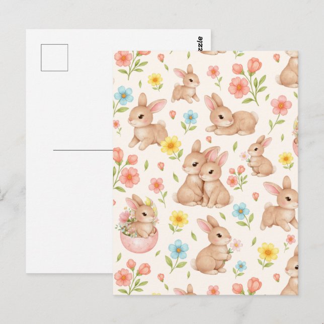 Cartão Postal Sweet Spring Bunnies & Floral Garden Pattern (Frente/Verso)