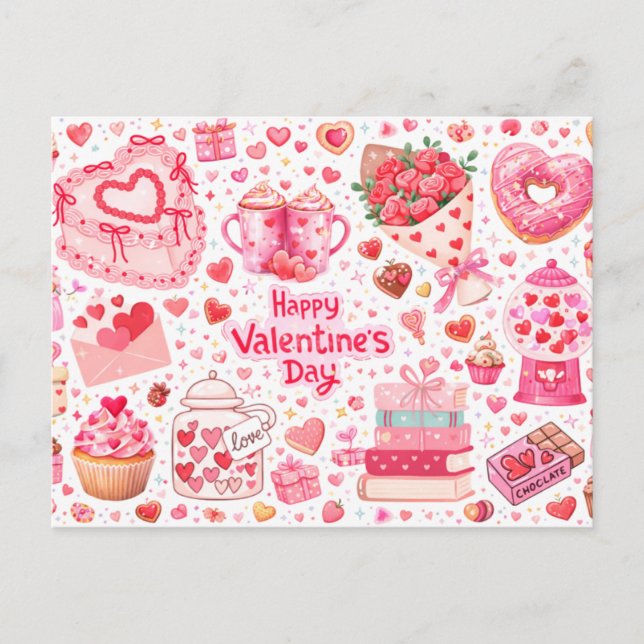 Cartão Postal Sweet Treats & Hearts All-Over Love Postcard (Frente)