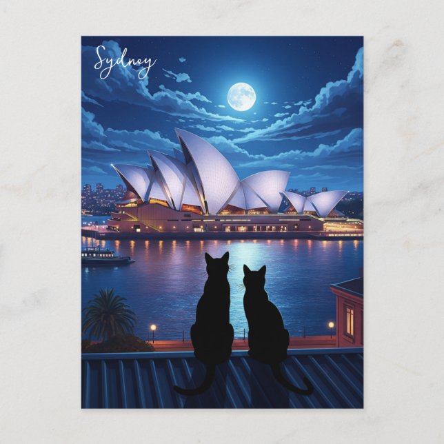 Cartão Postal Sydney Opera House gatos Austrália à noite (Frente)