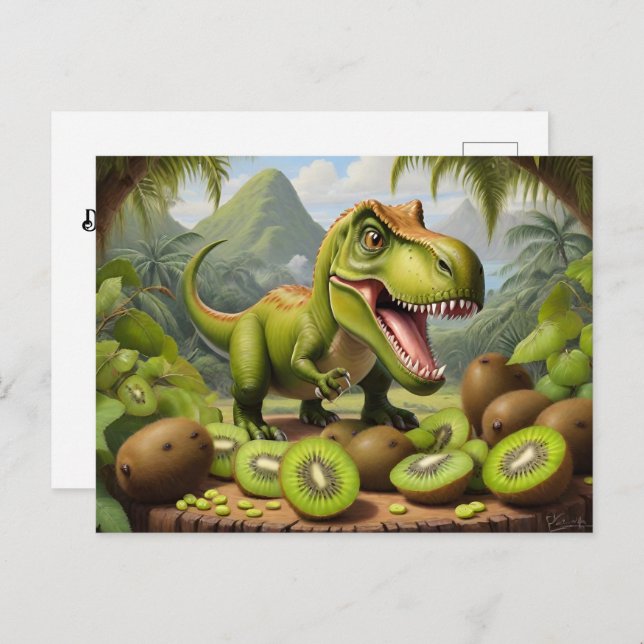 Cartão Postal T-Rex com fruta de kiwi (Frente/Verso)
