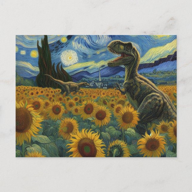 Cartão Postal T-Rex Dinos em Van Gogh Starry Night Sunflower (Frente)