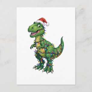 Cartão Postal T-Rex Dinossauro Chapéu de Papai Noel Luzes de Nat