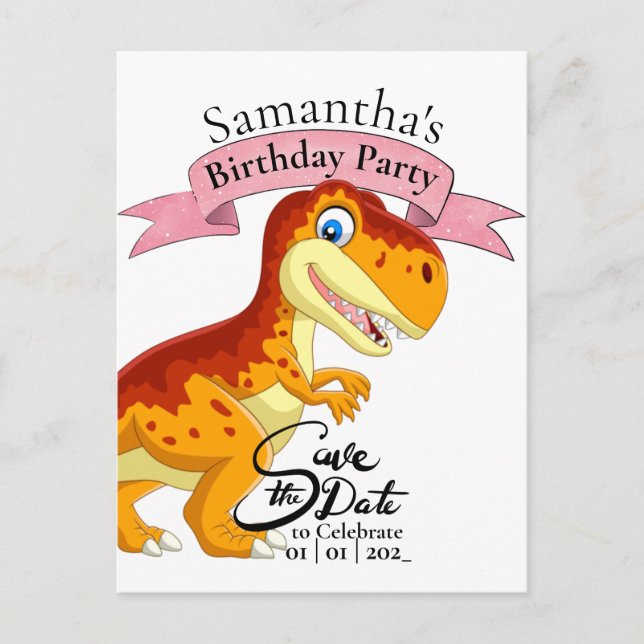 Cartão Postal T Rex Dourado, Menina Aniversariante Feliz  (Frente)