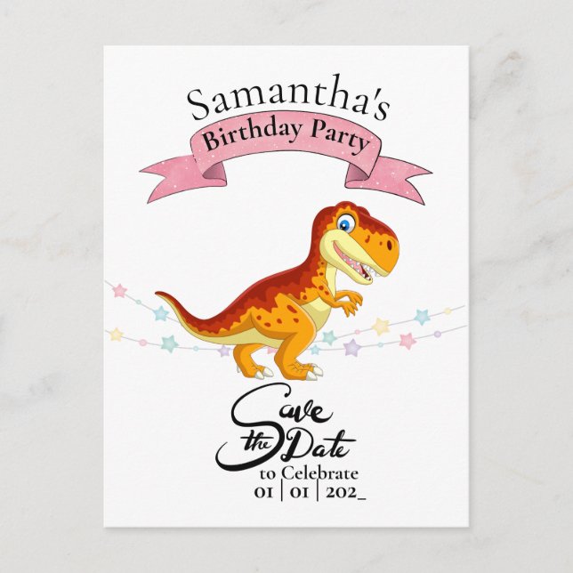 Cartão Postal T Rex Dourado, Menina Feliz Aniversário  (Frente)