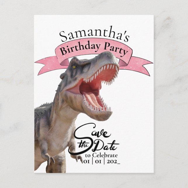 Cartão Postal T Rex, Feliz Aniversário Menina  (Frente)