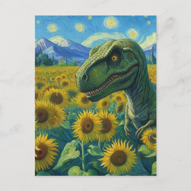 Cartão Postal T-Rex no Campo de Girassóis Van Gogh (Frente)